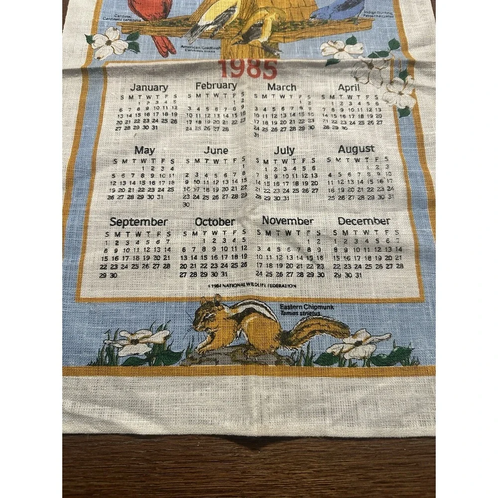 Vintage 1985 Printed Cloth Hanging Wall Calendar Tea Towel Birds Flowers